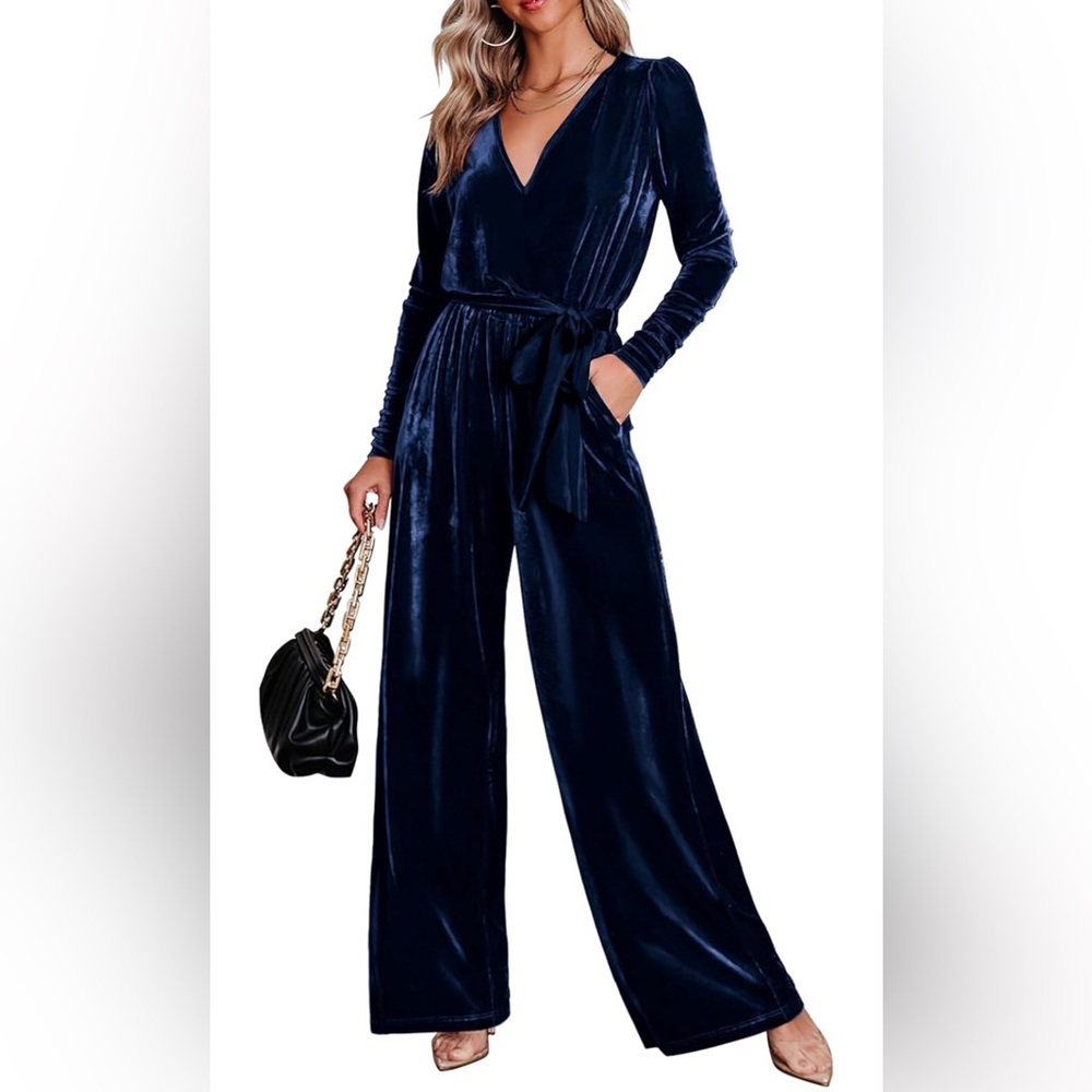 Navy Velvet Tie-Waist Jumpsuit, US M, Never Worn, Perfect Condition, Soft!